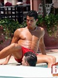 Gorgeous soccer player Cristiano Ronaldo shows his bulge by the swimming pool