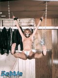 Flat chested ball gagged blonde in tiny panties gets punished by curious master