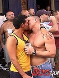 Playful sexy guys get their meaty cocks out in public at the gay party