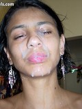 Fully nude pouty lipped latina gets her tanned face covered in thick sticky sperm