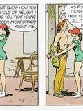 Dirty comics about shameless brunette in short green dress and red cap