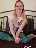 Nice-nelly blonde teen Emi Clear plays on her bed naughtily stripping her jeans and more