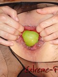 Man in bottomless pantyhose gets his ass fisted, double fisted and then filled with a green apple