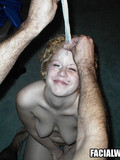 Curly blonde honey gives mouthjob, gets hardcore fucked and takes big cum facial