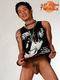 Petite asian gay boy with tattooed arms loves to show his crooked oriental dick