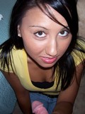 Raven haired girl in yellow t-shirt and white panties begs for cumshot from your point of view