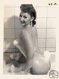 Luxurious retro posing from the beautiful female playing in the bathroom