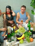 Drunk mature slut plays with banana and gets her willing holes used at the party
